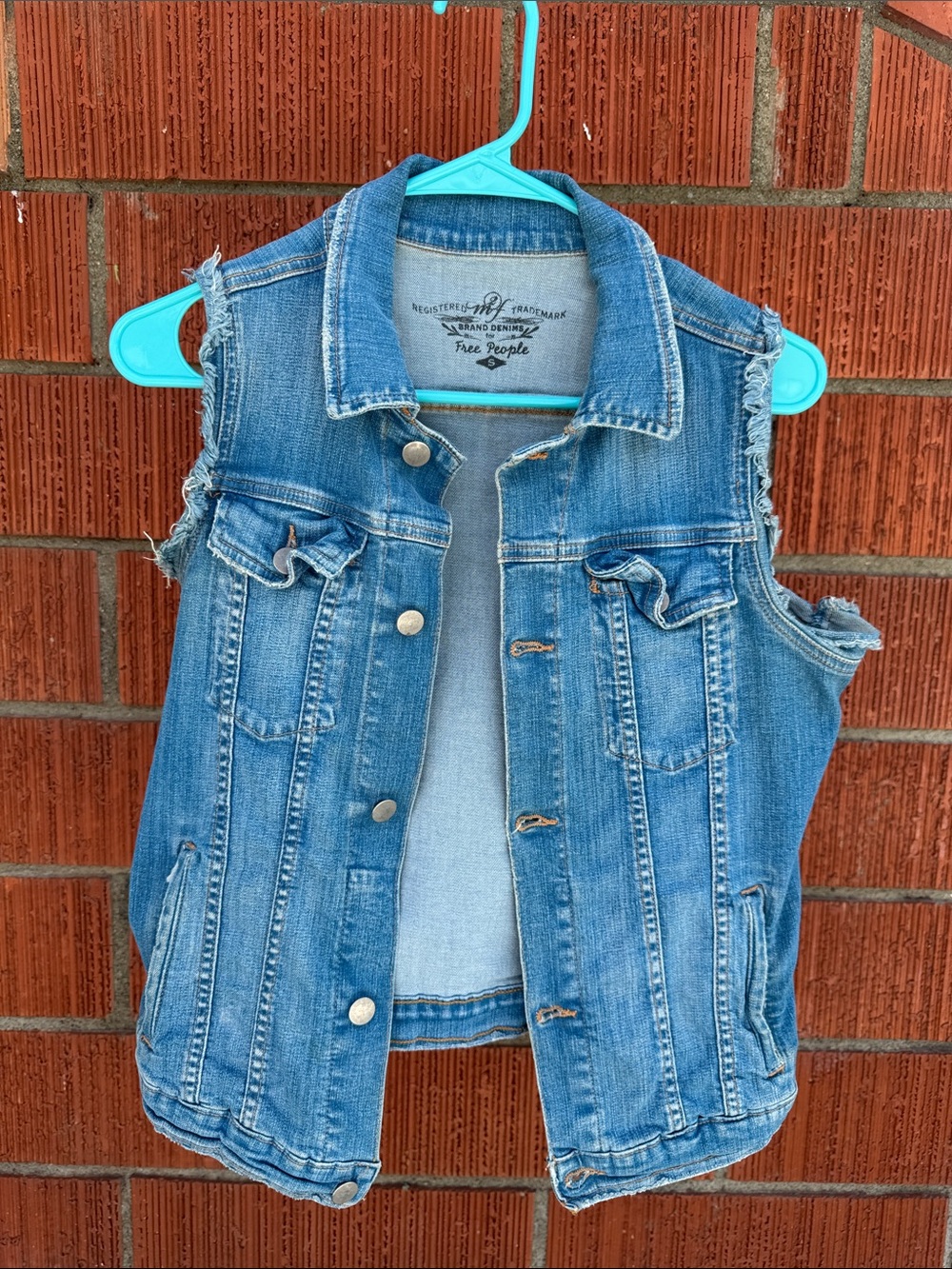 Free People Distressed Denim Vest in Medium Blue Wash